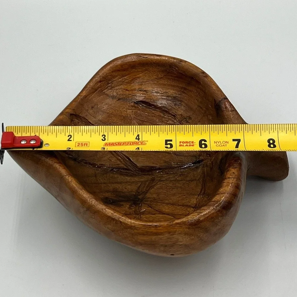 Wooden Leaf Bowl Unisex Medium Brown Very Good Hand Carved Rustic Art